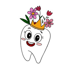 Hand-drawn illustration of a cute happy tooth with flowers and crown on its head. Playful and cheerful character ideal for dental education