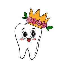 Hand-drawn illustration of a cute happy tooth with flowers and crown on its head. Playful and cheerful character ideal for dental education