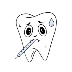 Hand-drawn illustration of a cute sad tooth holding a thermometer in his mouth. Expressive character with tooth pain or sickness