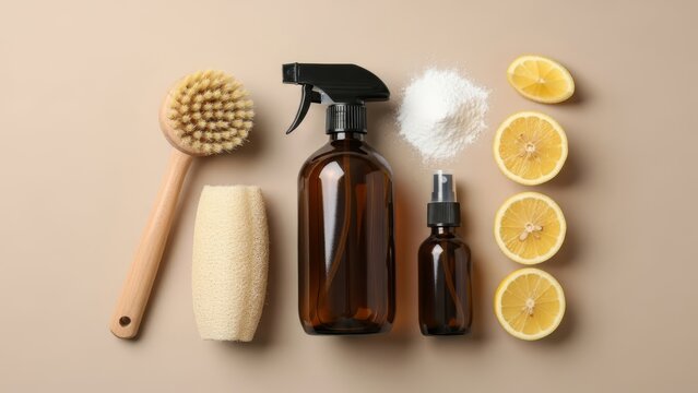 Zero waste cleaning kit flat lay. Amber glass spray bottles, lemon, baking soda and wooden brush on beige background. Eco friendly natural household tools top view.
