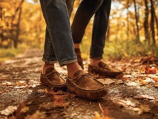 Autumn Stroll: Two pairs of feet, clad in casual shoes, navigate a leafy path during a vibrant autumn day. The scene evokes a sense of shared journey and connection.