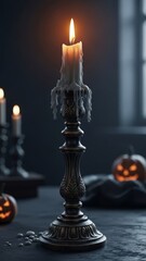 Fototapeta premium A tall, ornate candlestick with a burning taper casts a warm, flickering glow in a dimly lit room, hinting at a spooky atmosphere