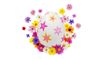 White egg with pink, orange, and yellow stars surrounded by colorful flowers isolated on a transparent background
