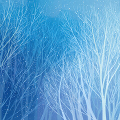 Obraz premium A minimalist winter forest in a cool blue palette with subtle silhouettes of bare trees and gently falling snow. 
