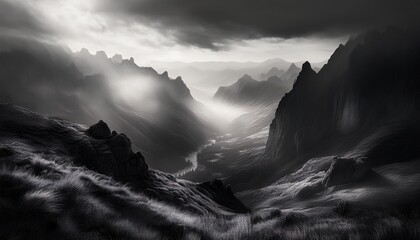 mysterious black and white mountain canyon landscape with dramatic light and shadow moody fog creates powerful and atmospheric scene