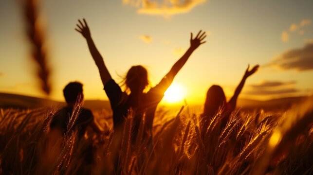 Joyful celebration of life sunrise in a field group of friends natural environment silhouettes embracing freedom and happiness