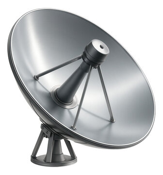 Rotating parabolic radar dish featuring a central feed horn and support struts.