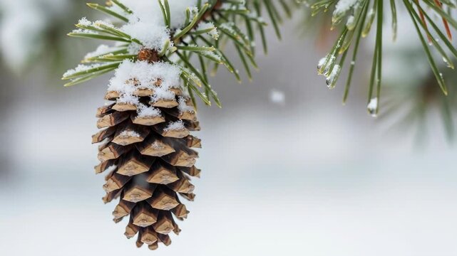 Pine cone covered in snow on a pine tree branch with melting ice drops. Winter season nature scene with evergreen foliage.