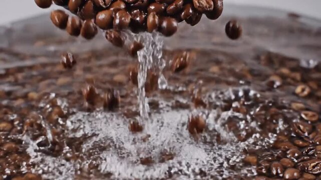 Stream of water cascading through coffee beans in a dark brown environ