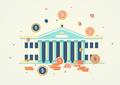 Financial Institution & Economic Prosperity: A visually appealing illustration of a financial building, symbolizing stability and economic growth. The image portrays the flow of currency.
