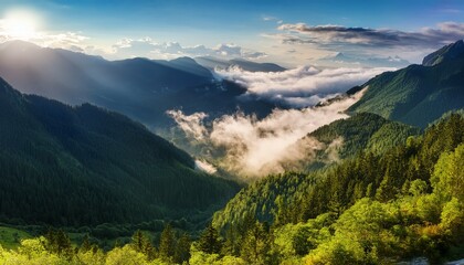 majestic mountain peak landscape with serene clouds filling deep valley sunlight breaks through sky illuminating lush green forest