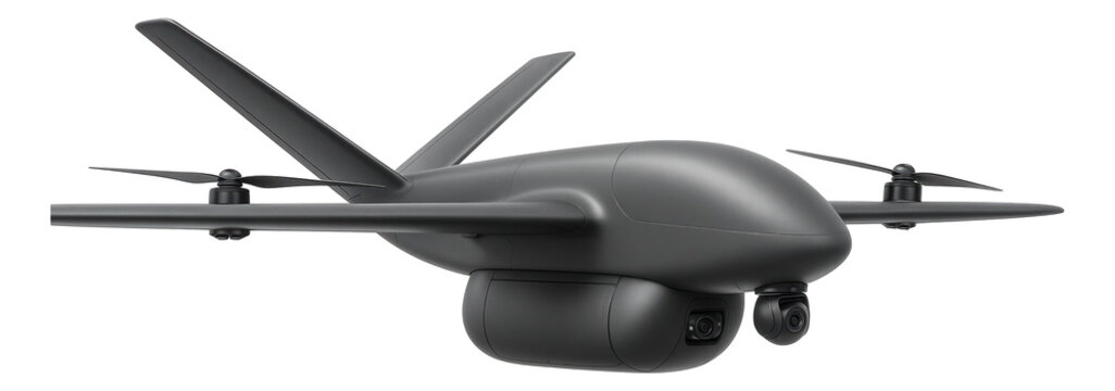 V-tail fixed-wing drone with underbelly cargo capacity.