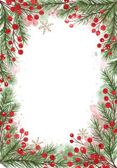  Festive holiday frame with pine branches and red berries in watercolor