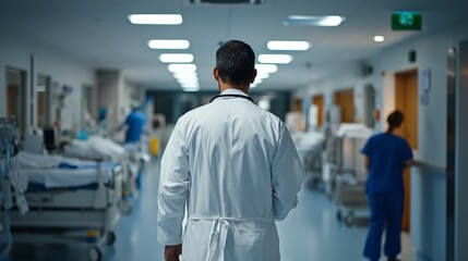 Healthcare professional walking through hospital corridor city hospital medical imagery clinical environment perspective on patient care