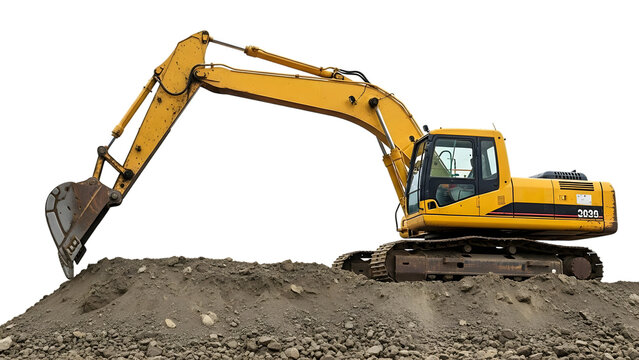 Yellow excavator on dirt pile isolated on a transparent background construction