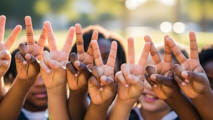 Peace sign gesture made by diverse hands