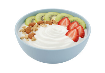 Yogurt bowl with kiwi, strawberries, almonds and granola isolated PNG, healthy breakfast food on transparent background
