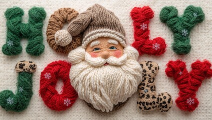 Fototapeta premium Holly Jolly Knitted Yarn Christmas Text With Santa