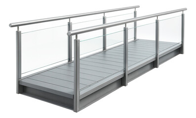 Raised walkway featuring metal railings and glass side panels.