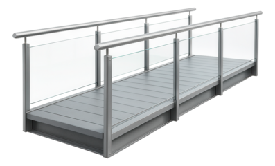 Raised walkway featuring metal railings and glass side panels.