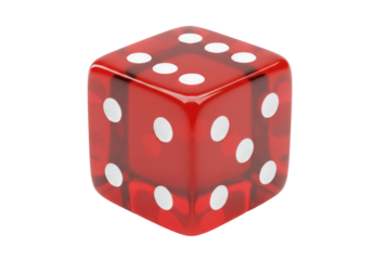 Translucent red dice with white spots isolated PNG, gambling luck and chance concept for game design and casino promotions
