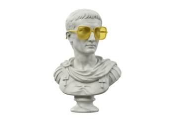 Bust of Roman emperor with yellow sunglasses PNG isolated on transparent background, classical sculpture for design projects