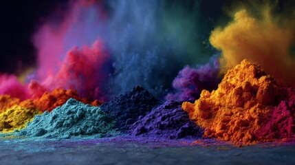 Obraz premium Vivid mounds of vibrant powdered pigments erupt, creating a dynamic, multicolored cloud against a dark background, evoking celebration