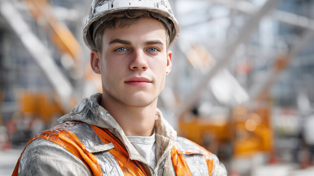 Portr&auml;t eines Bauarbeiters mit Schutzhelm auf moderner Baustelle