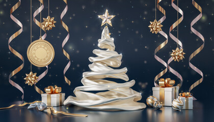 Karta świąteczna z symbolem świąt w postaci choinki bożonarodzeniowej, gwiazdy betlejemskiej, bombek i prezentów świątecznych.