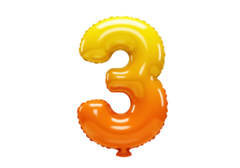 Shiny yellow and orange number 3 balloon isolated PNG, festive party decoration for birthday celebration and special events