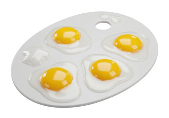 Palette with fried eggs PNG isolated on transparent background, breakfast food concept with sunny side up eggs for cooking and design use