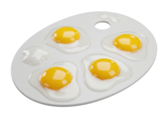 Palette with fried eggs PNG isolated on transparent background, breakfast food concept with sunny side up eggs for cooking and design use