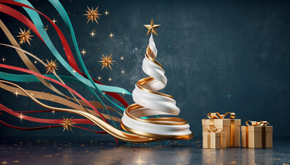 Karta świąteczna z symbolem świąt w postaci choinki bożonarodzeniowej, gwiazdy betlejemskiej, bombek i prezentów świątecznych.