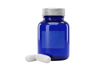 Blue supplement bottle with pills isolated PNG, dietary supplement container for health and wellness on transparent background