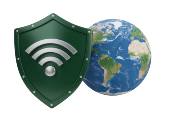 Global network security PNG isolated on transparent background, world globe with shield and wifi symbol for internet protection
