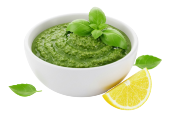 Fresh pesto in a bowl isolated PNG, vibrant green sauce with basil leaves and lemon wedge on transparent background, culinary ingredient