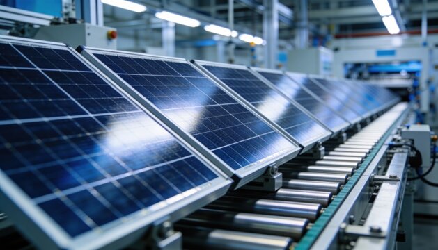 Solar panels moving along a production line conveyor belt inside a modern, automated manufacturing facility, highlighting renewable energy production.