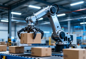 Fototapeta premium Industrial robotic arm gripping a package on an automated conveyor belt in a modern distribution center, symbolizing automated logistics.