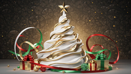 Karta świąteczna z symbolem świąt w postaci choinki bożonarodzeniowej, gwiazdy betlejemskiej, bombek i prezentów świątecznych.