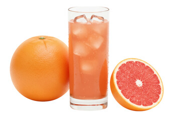 Refreshing grapefruit juice with ice in glass isolated PNG, citrus fruit drink for healthy lifestyle and summer refreshment on transparent background