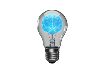 Light bulb with brain inside isolated PNG, concept of creativity, intelligence and innovation on transparent background