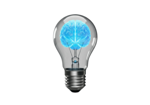 Light bulb with brain inside isolated PNG, concept of creativity, intelligence and innovation on transparent background - Powered by Adobe