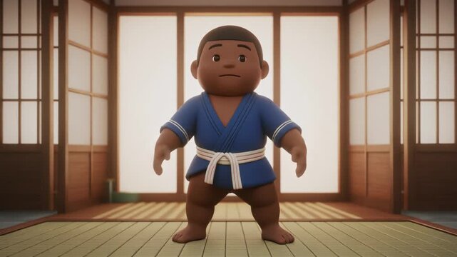 Determined young sumo fighter in a blue uniform stands in a powerful stance inside a sunlit traditional Japanese dojo