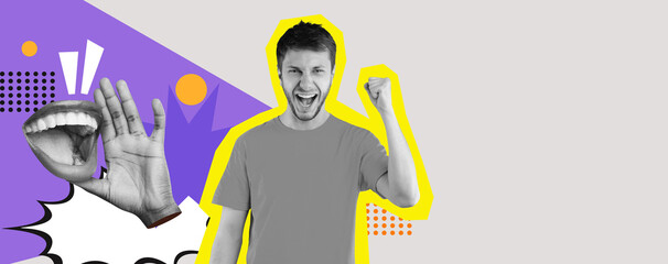 A lively collage showcases a joyful person raising their fist in celebration. Elements like a mouth...