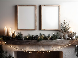 20 degree vertical axis tilt close up view of two A2 oak frames with white posters centered above fireplace pine garland with fairy lights partially visible at bottom