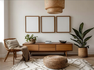 mockup photo of 3 exactly same rectangular a4 sized framed empty white posters hanged on the wall shot at slight angle