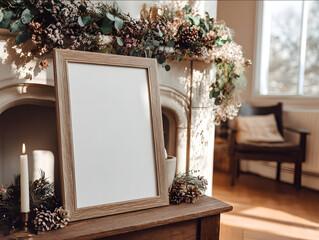 closeup of an A3 size thin wooden frame empty white poster leaning against the wall above a fireplace Christmas decorations visible around the frame soft daylight cast