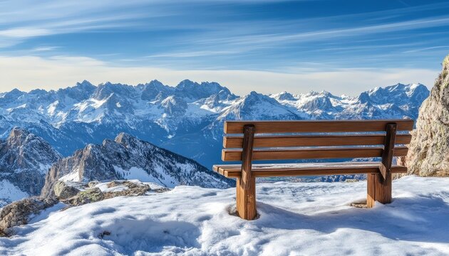 Wooden bench rests overlooking majestic snow-covered mountain range under bright blue sky