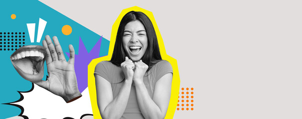 A dynamic collage features a smiling person with clenched fists in celebration. Colorful elements...