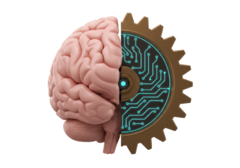 Human brain and gear isolated PNG, artificial intelligence concept on transparent background, machine learning and neural network
